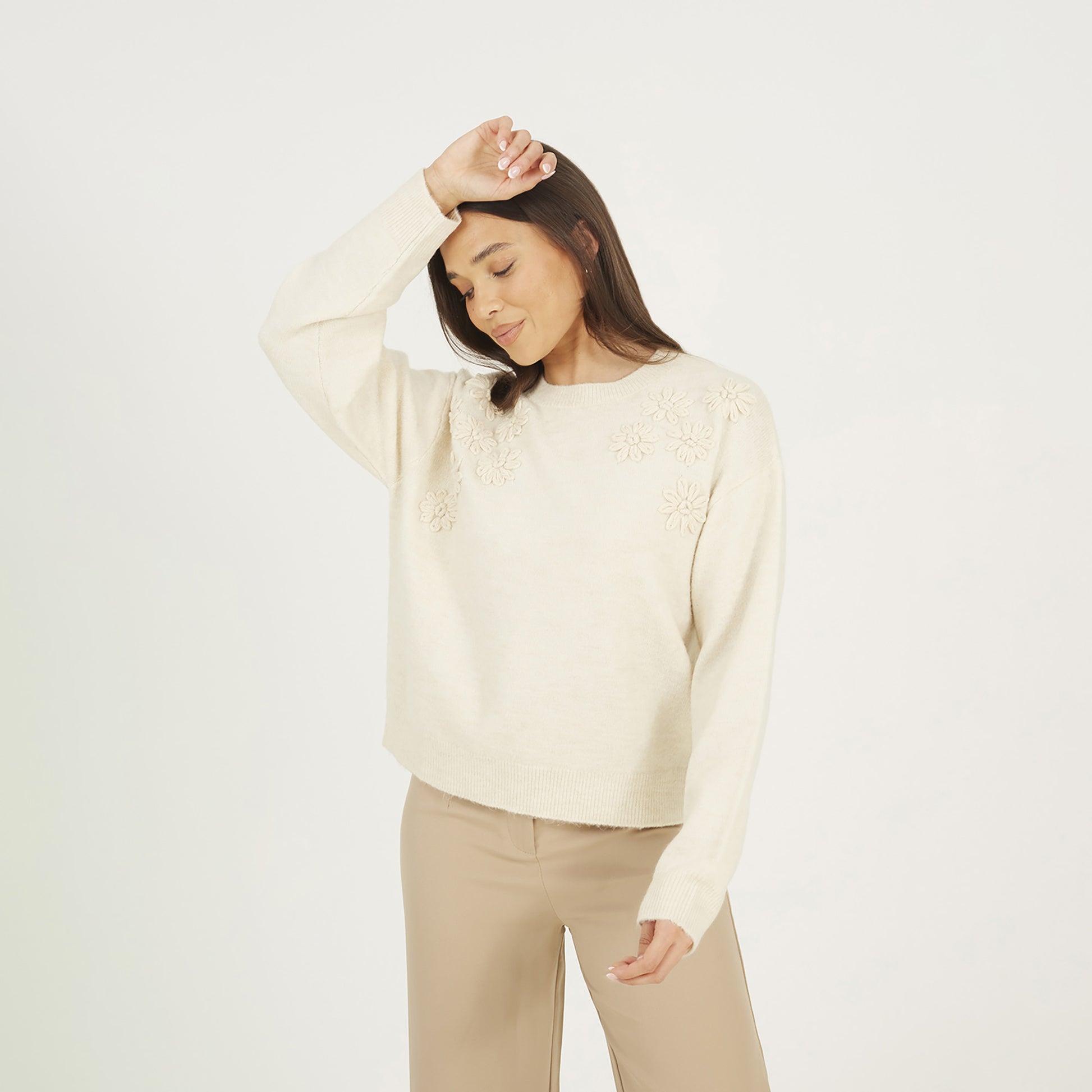 Brave Soul Stone Floral Embroidery Jumper - Stone Image 1