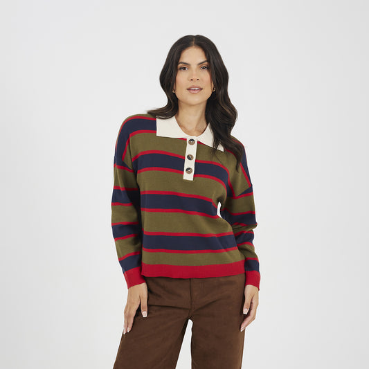 Brave Soul Navy Rubgy Stripe Knitted Jumper - Navy Image 1