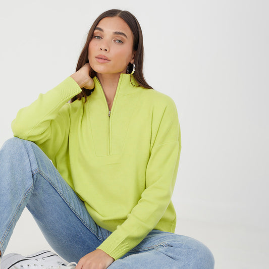 Brave Soul Lime 1/2 Zip Knitted Jumper - Lime Image 1
