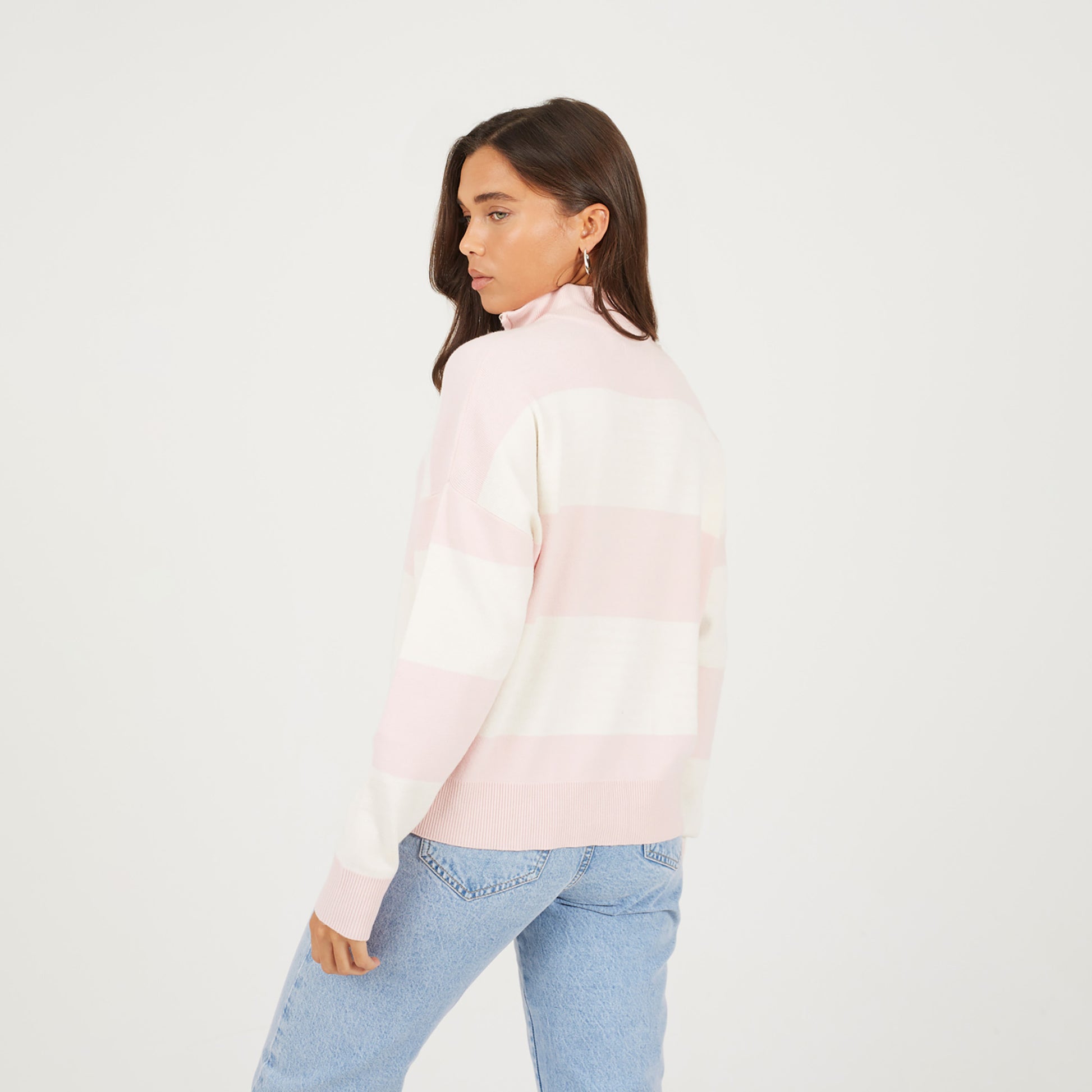 Brave Soul Pink Striped Half Zip Knitted Jumper - Pink Image 2