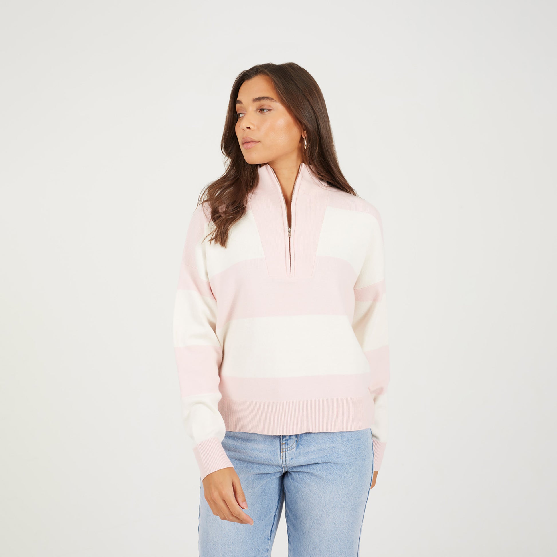 Brave Soul Pink Striped Half Zip Knitted Jumper - Pink Image 1