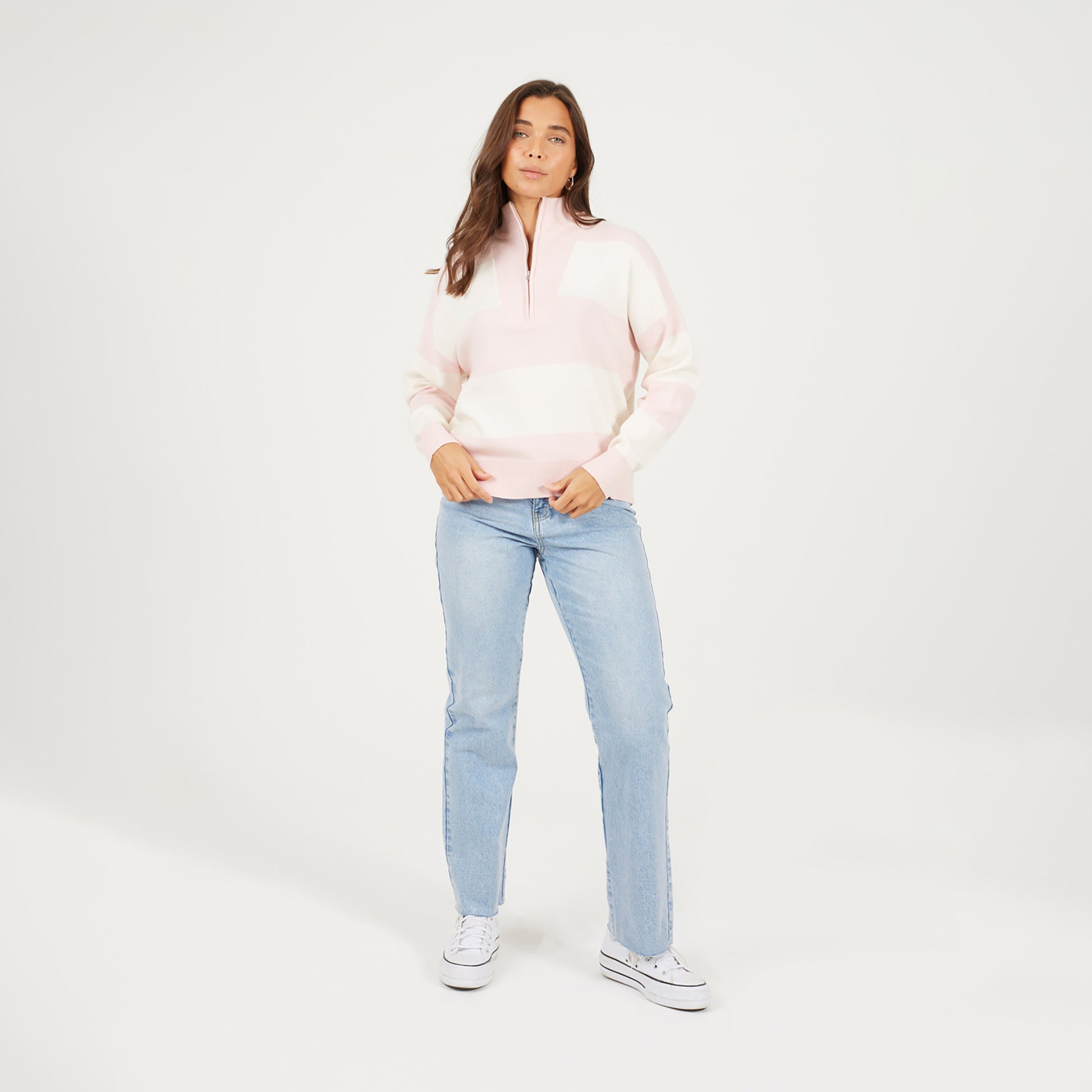 Brave Soul Pink Striped Half Zip Knitted Jumper - Pink Image 3