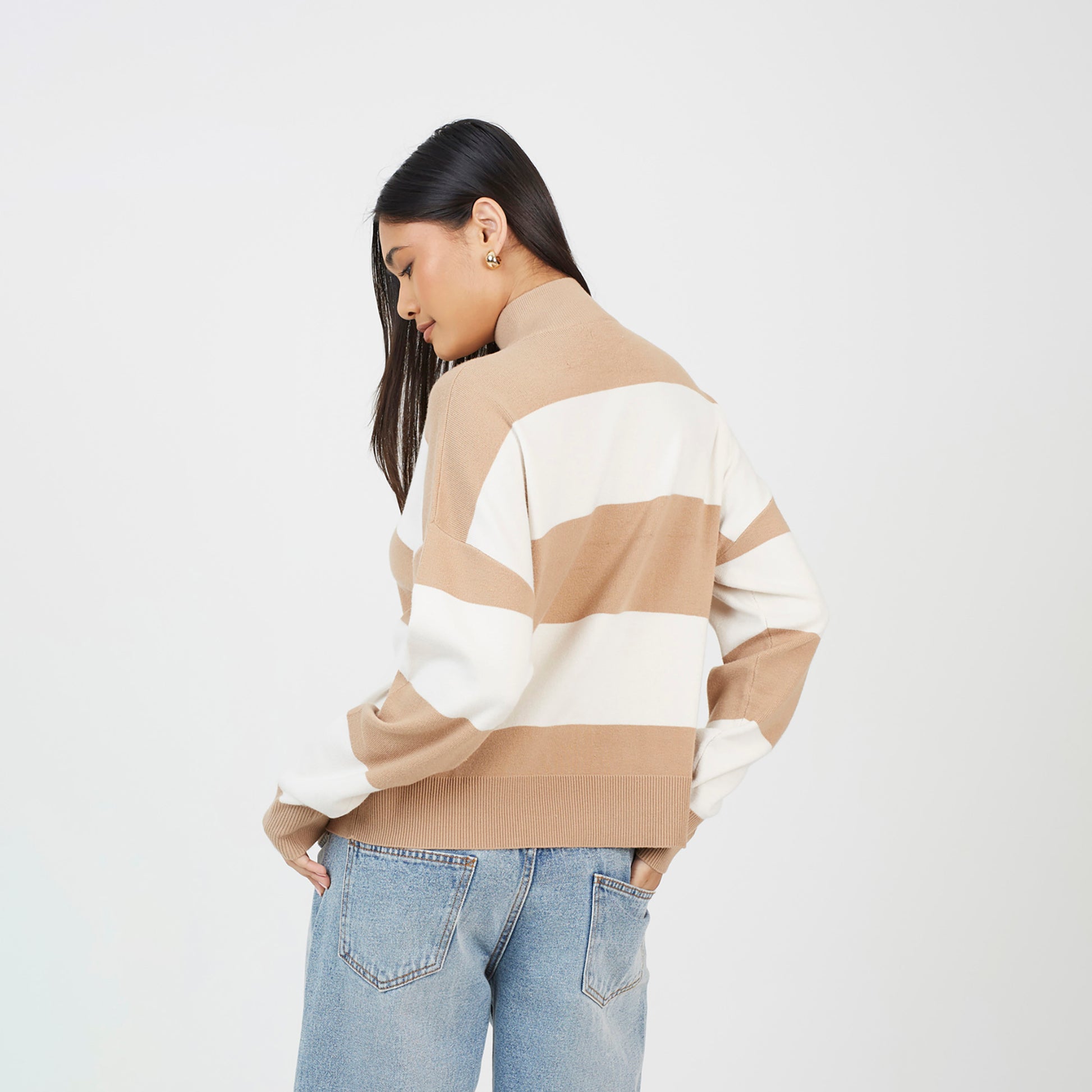 Brave Soul Camel Striped Half Zip Knitted Jumper - Camel Image 2