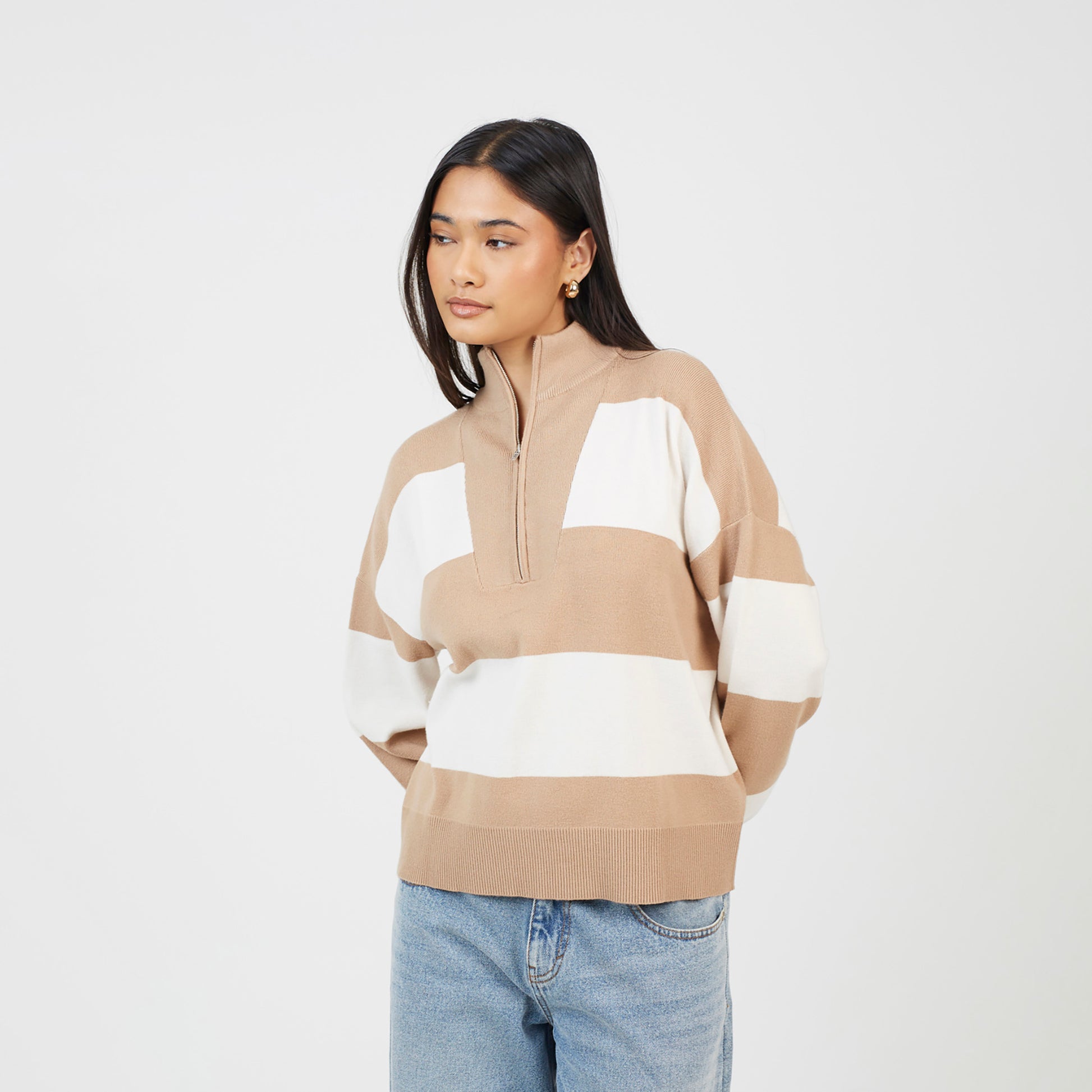 Brave Soul Camel Striped Half Zip Knitted Jumper - Camel Image 1