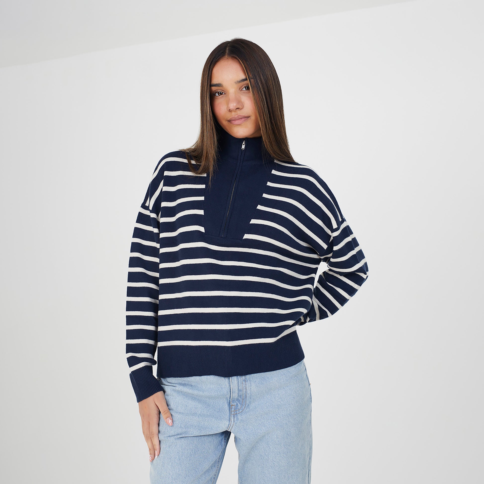Brave Soul Navy Striped 1/2 Zip Knitted Jumper - Navy Image 1