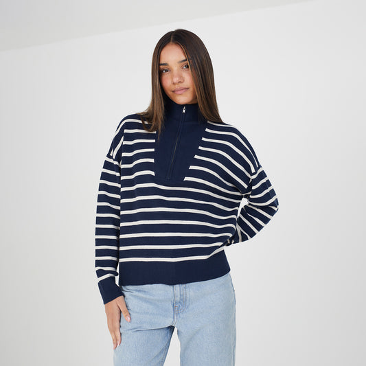 Brave Soul Navy Striped 1/2 Zip Knitted Jumper - Navy Image 1