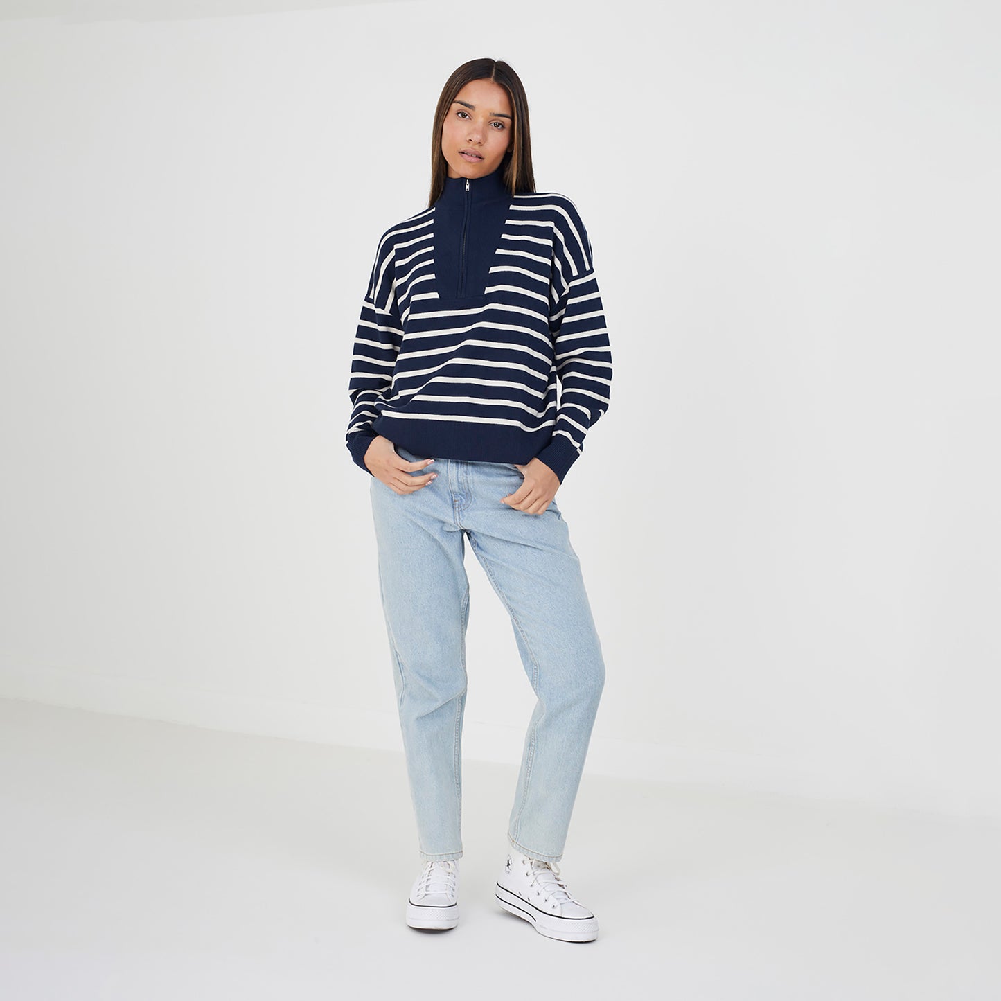Brave Soul Navy Striped 1/2 Zip Knitted Jumper - Navy Image 3