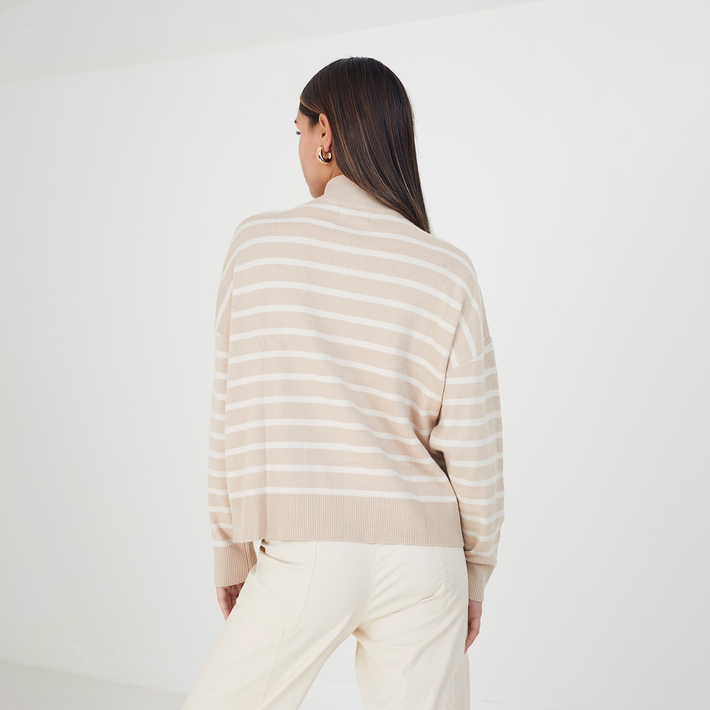Brave Soul Stone Striped 1/2 Zip Knitted Jumper - Stone Image 2