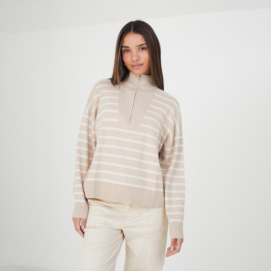 Brave Soul Stone Striped 1/2 Zip Knitted Jumper - Stone Image 1