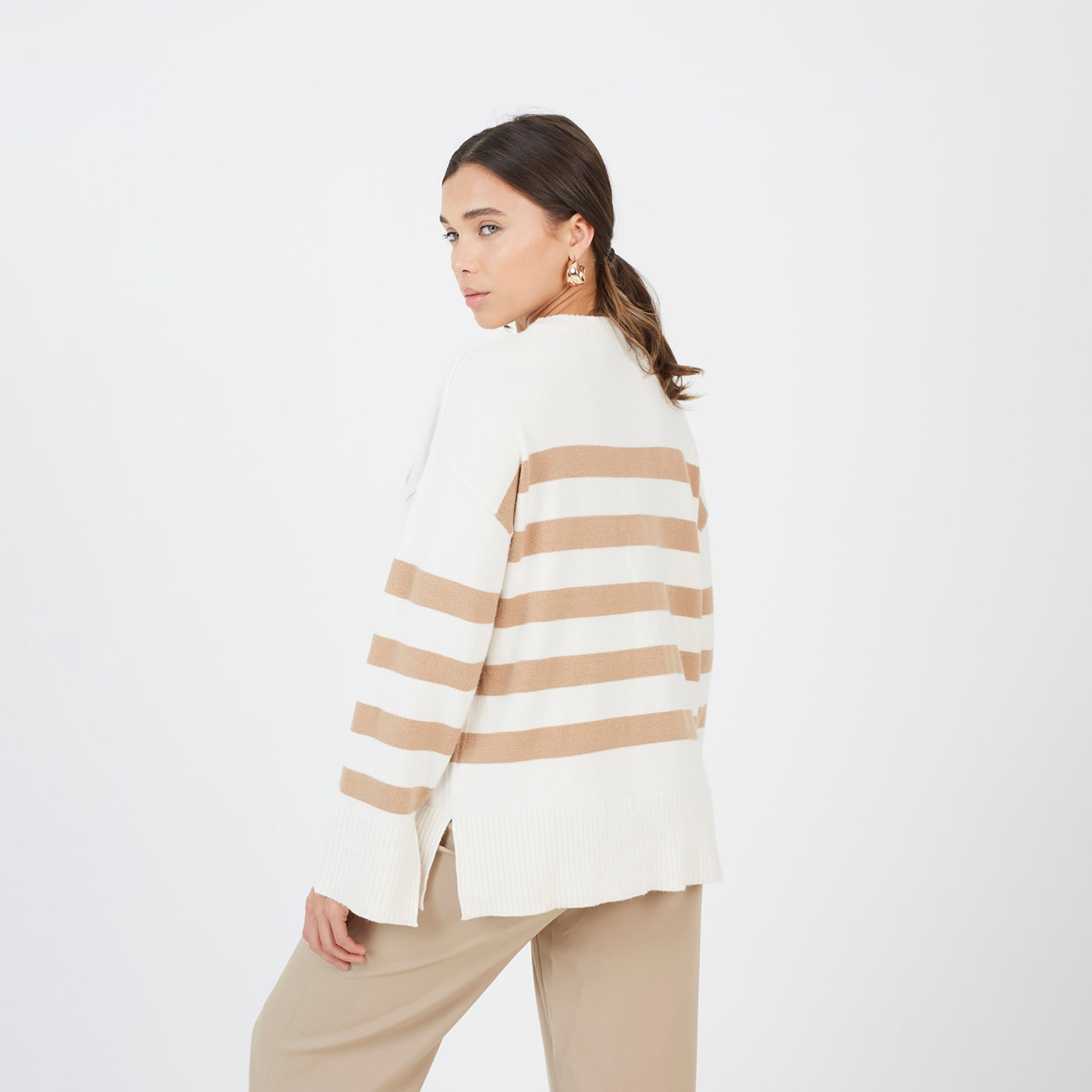 Brave Soul Ivory Striped Loose Fit Jumper with Wide Sleeves - Ivory Image 2