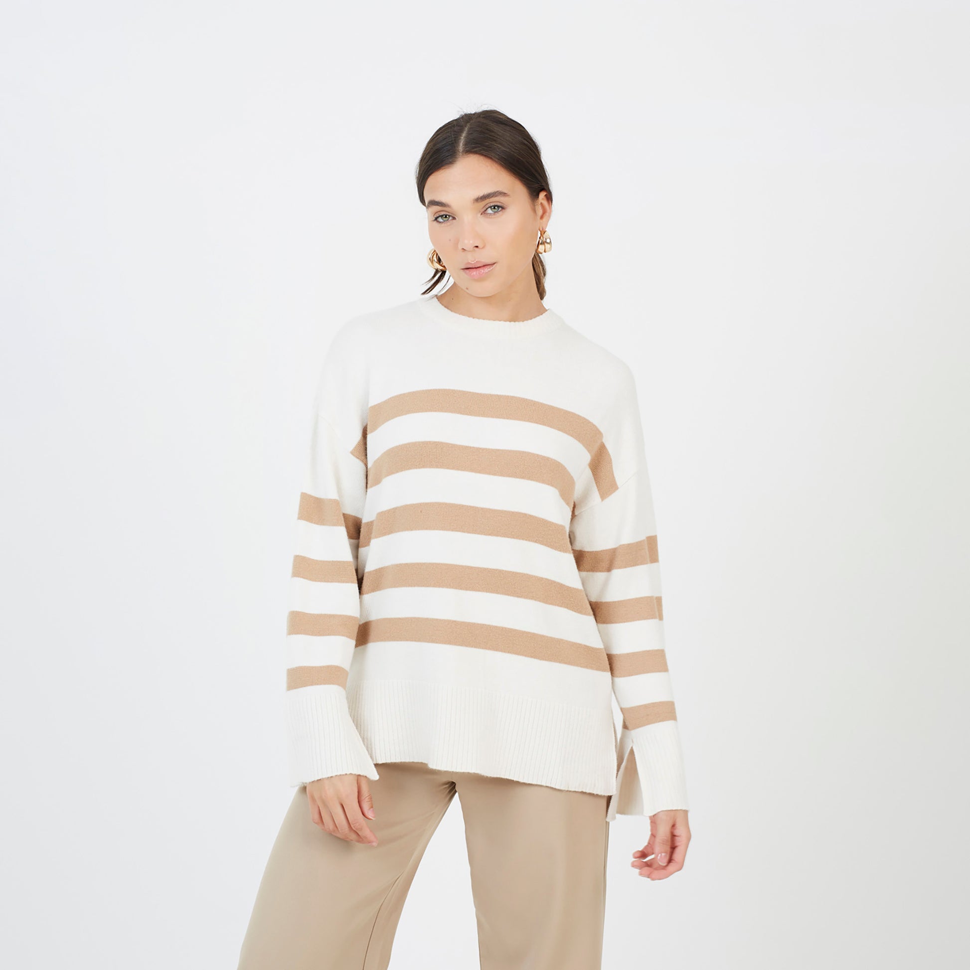 Brave Soul Ivory Striped Loose Fit Jumper with Wide Sleeves - Ivory Image 1