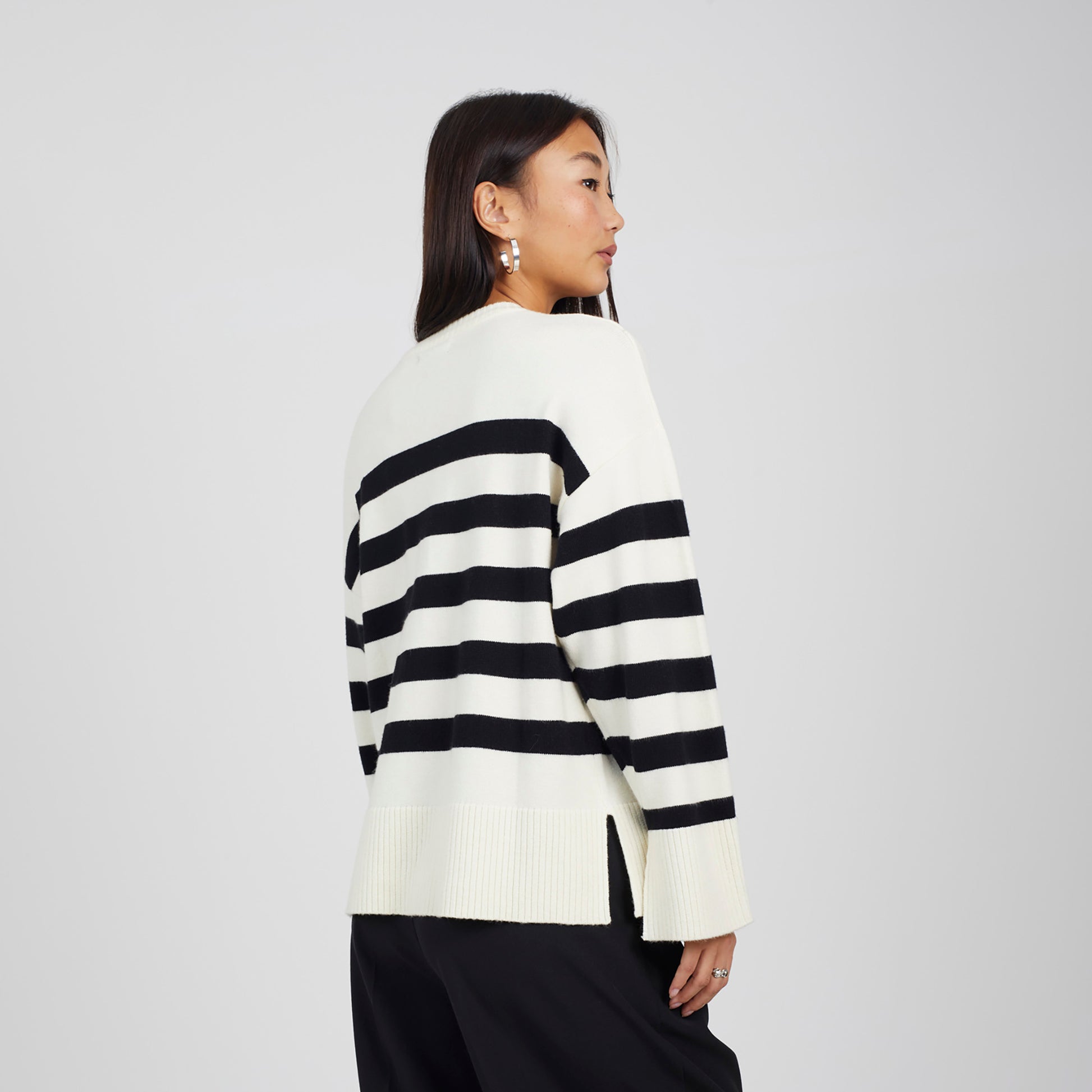 Brave Soul Ivory Striped Loose Fit Jumper with Wide Sleeves - Ivory Image 2