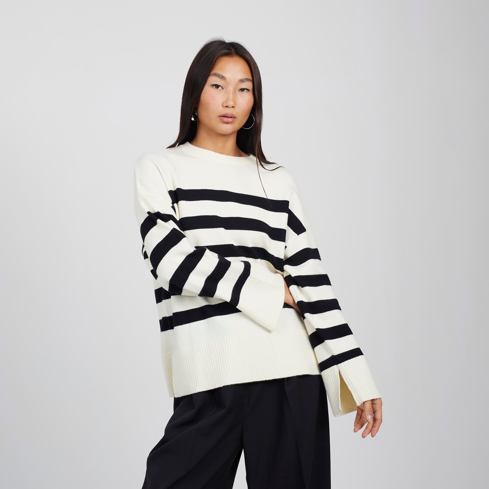Brave Soul Ivory Striped Loose Fit Jumper with Wide Sleeves - Ivory Image 1