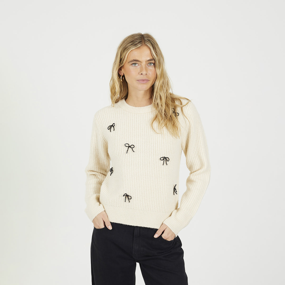 Brave Soul Cream Crew Neck Jumper With Jewel Bow Detail - Cream Image 1