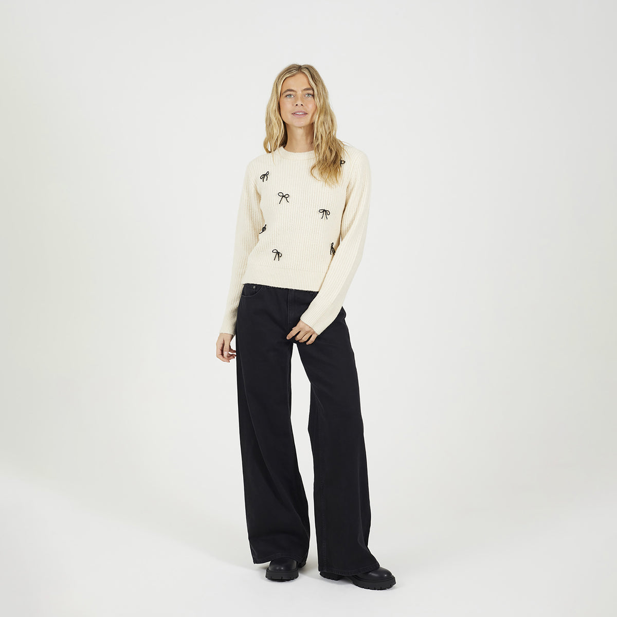 Brave Soul Cream Crew Neck Jumper With Jewel Bow Detail - Cream Image 3