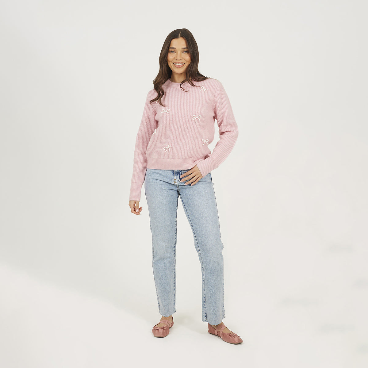Brave Soul Pink Crew Neck Jumper With Jewel Bow Detail - Pink Image 3