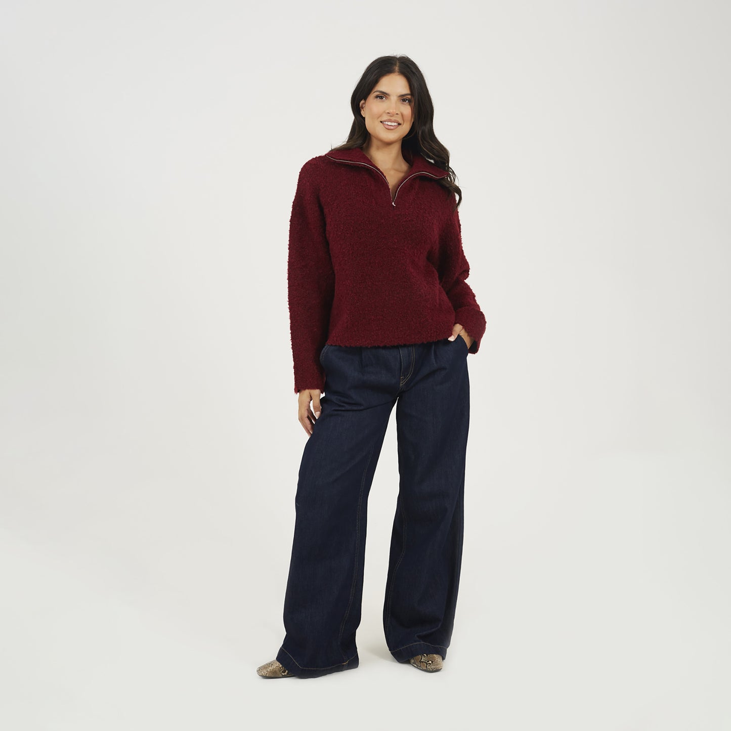 Brave Soul Wine Boucle Yarn Jumper With Zip Neck - Wine Image 3