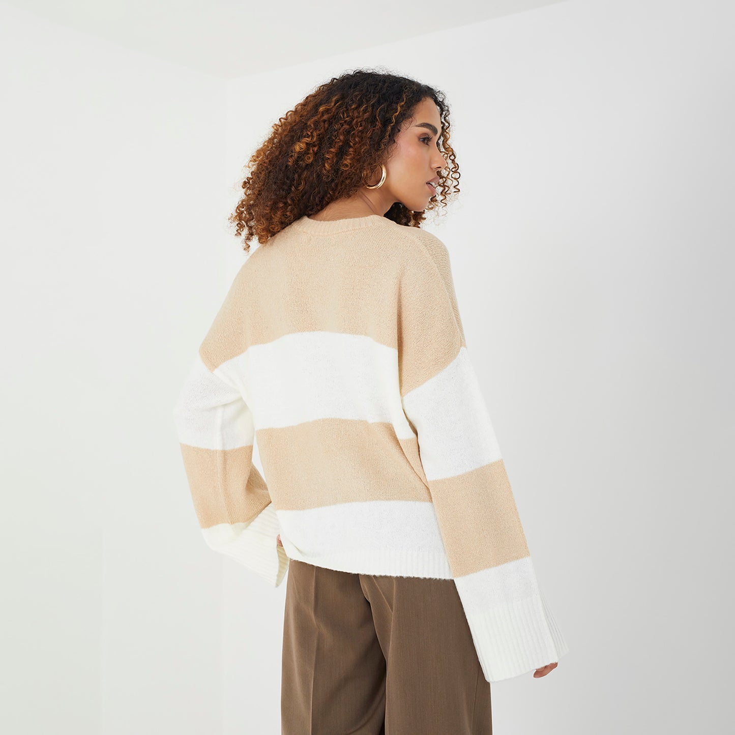 Brave Soul Beige Striped Lightweight Knitted Jumper - Beige Image 2