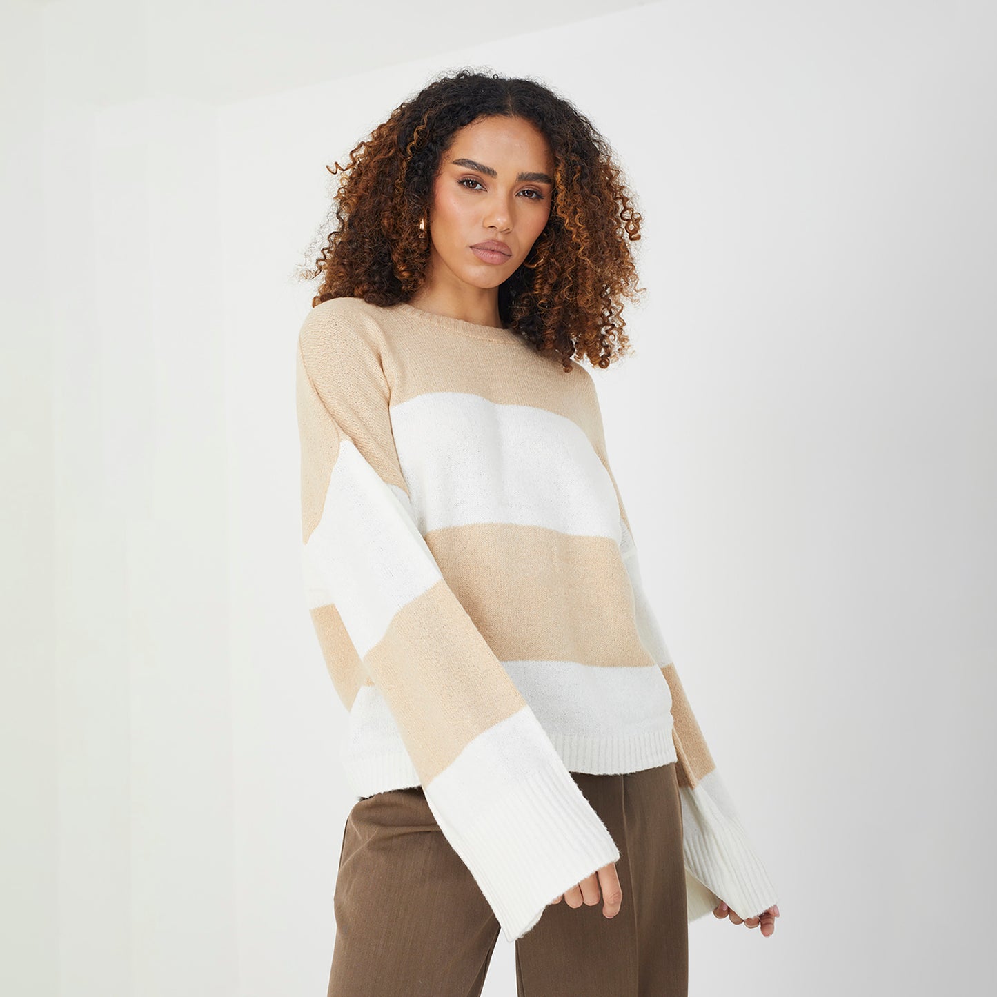 Brave Soul Beige Striped Lightweight Knitted Jumper - Beige Image 1