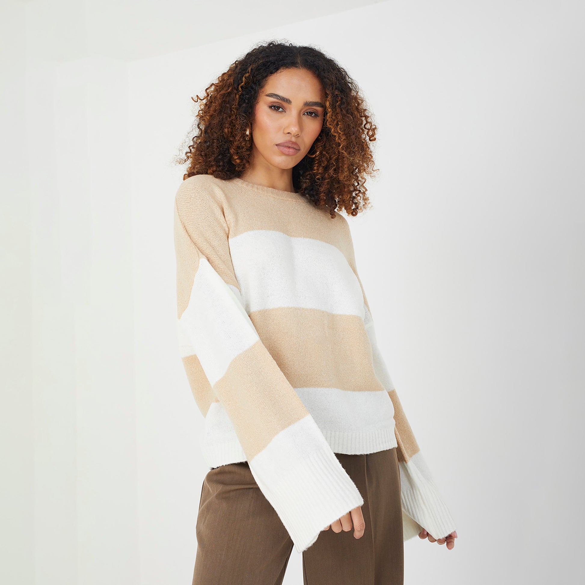 Brave Soul Beige Striped Lightweight Knitted Jumper - Beige Image 1