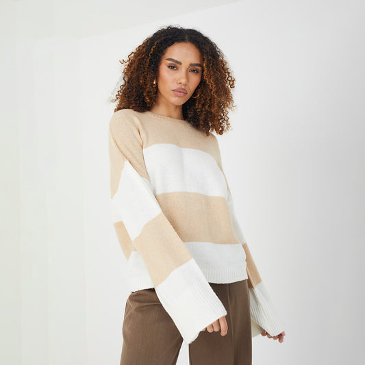 Brave Soul Beige Striped Lightweight Knitted Jumper - Beige Image 1