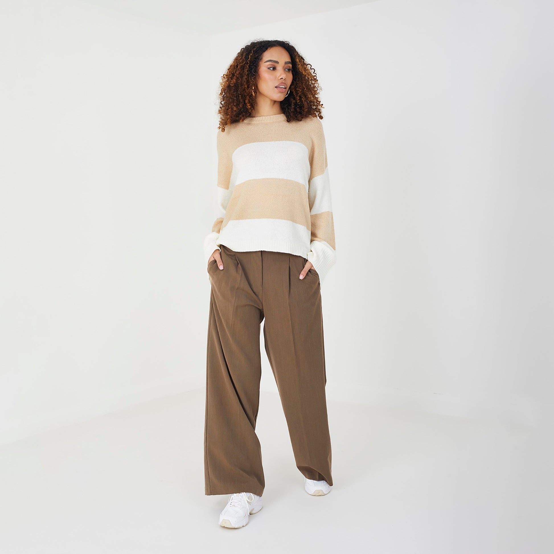 Brave Soul Beige Striped Lightweight Knitted Jumper - Beige Image 3