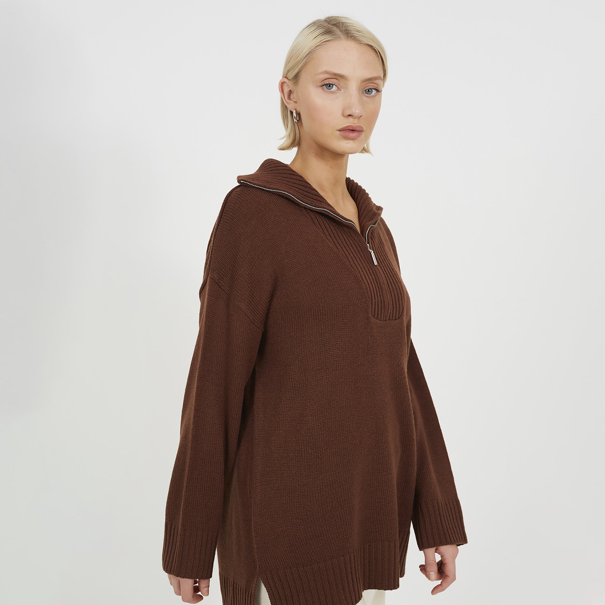 Brave Soul Chocolate Oversized 1/2 Zip Knitted Jumper - Chocolate Image 4