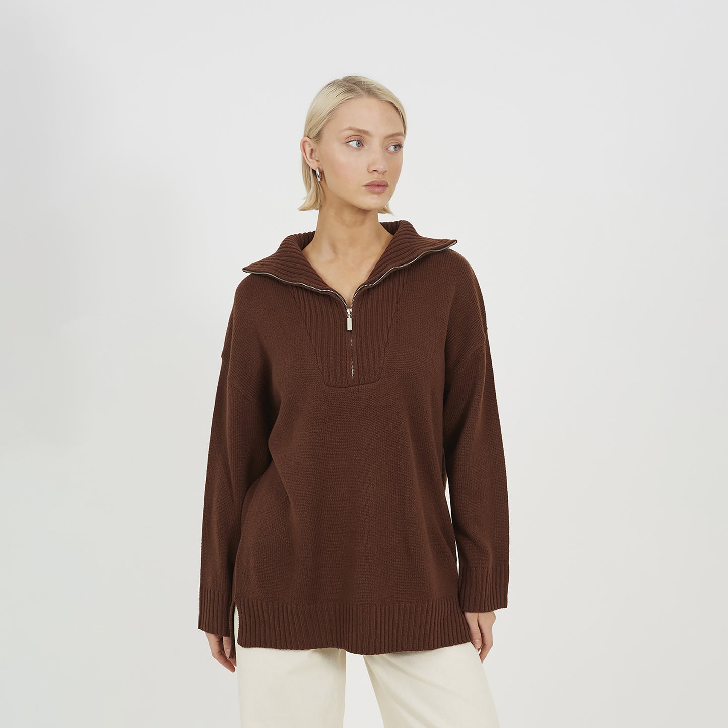 Brave Soul Chocolate Oversized 1/2 Zip Knitted Jumper - Chocolate Image 1