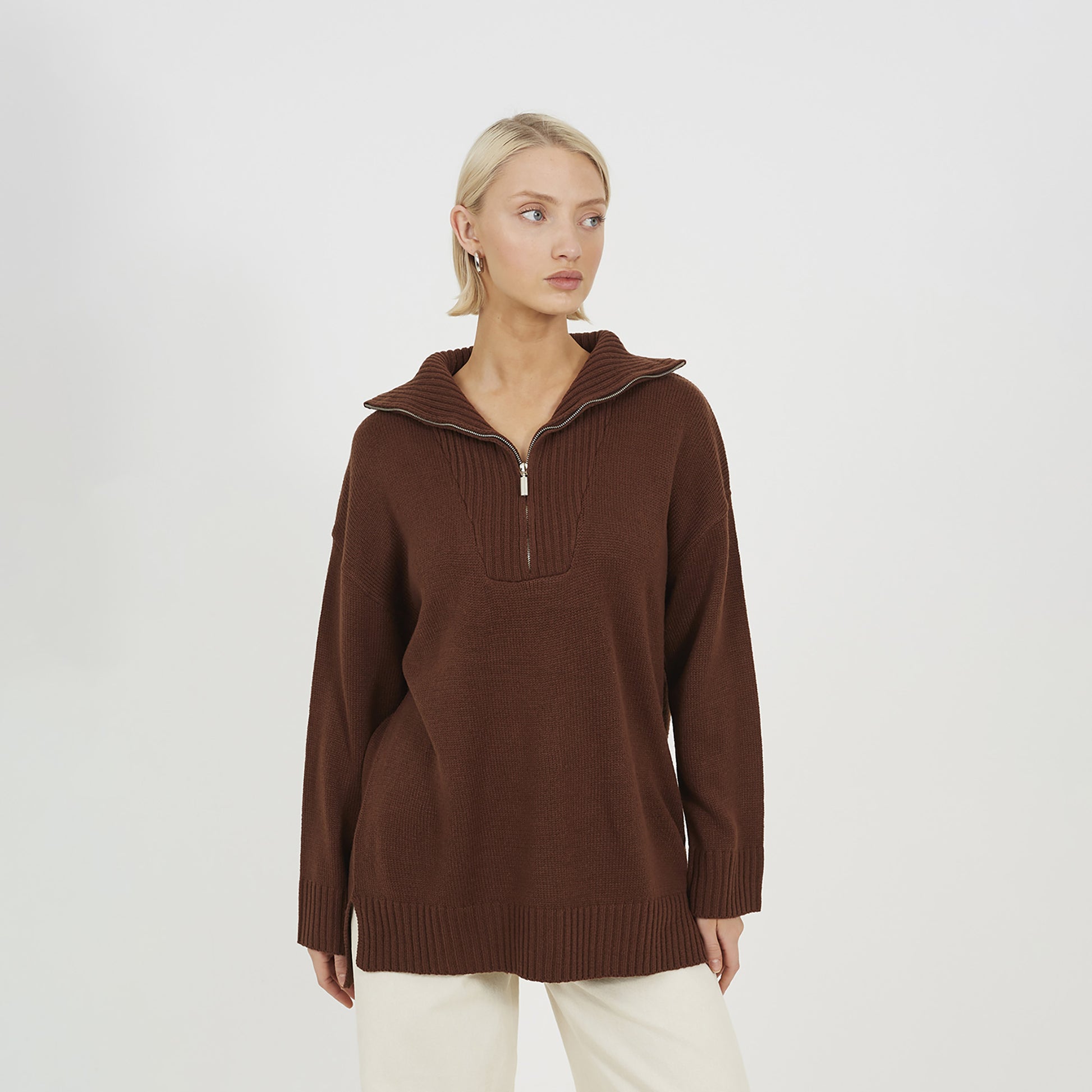 Brave Soul Chocolate Oversized 1/2 Zip Knitted Jumper - Chocolate Image 1