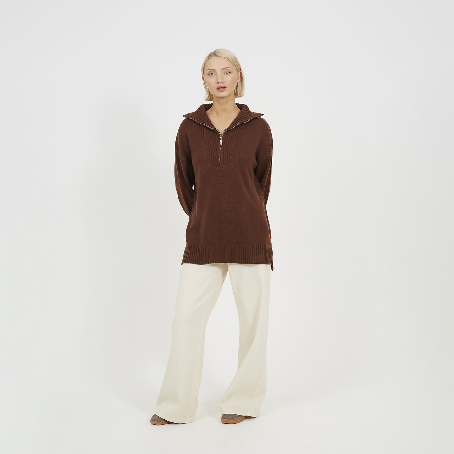 Brave Soul Chocolate Oversized 1/2 Zip Knitted Jumper - Chocolate Image 3
