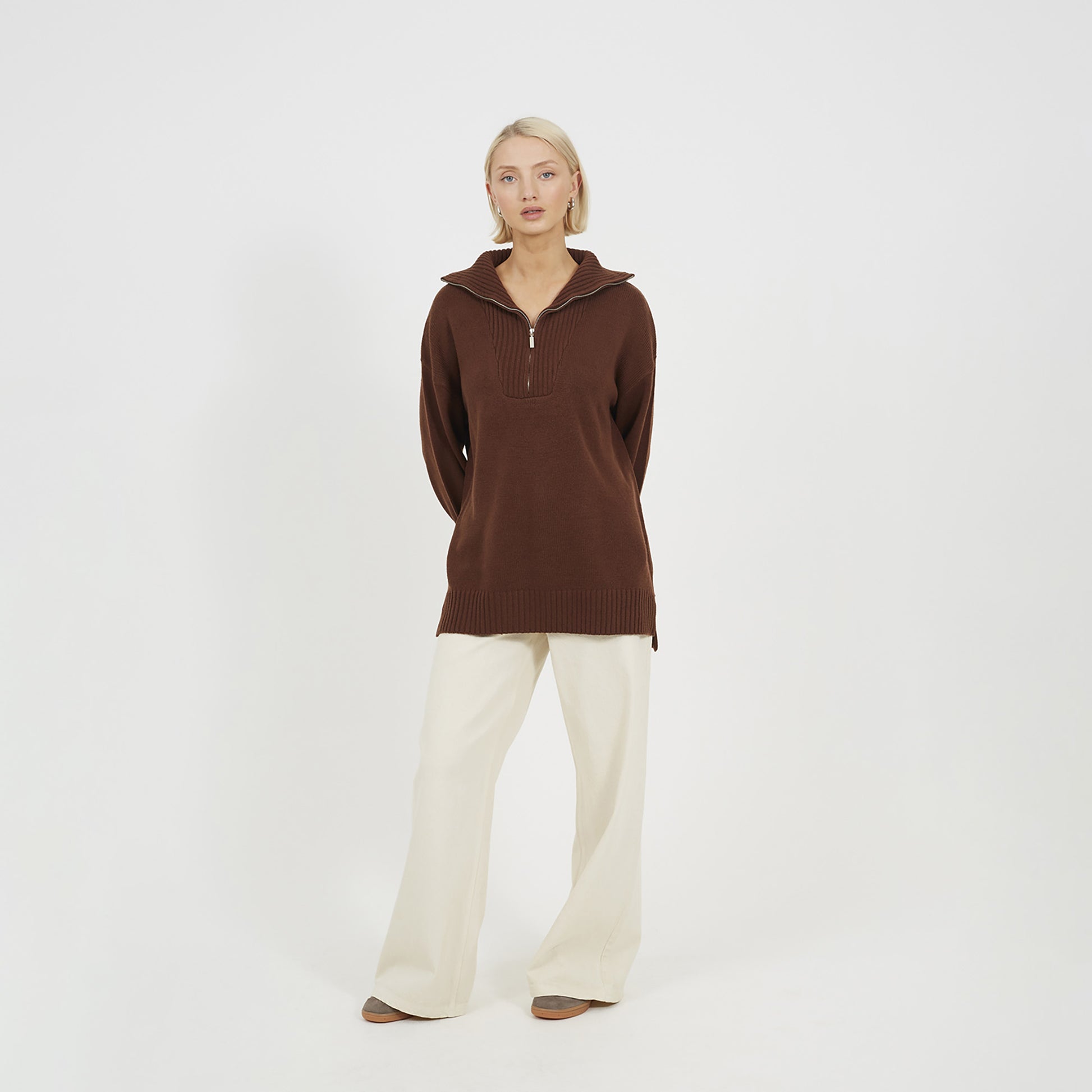 Brave Soul Chocolate Oversized 1/2 Zip Knitted Jumper - Chocolate Image 3