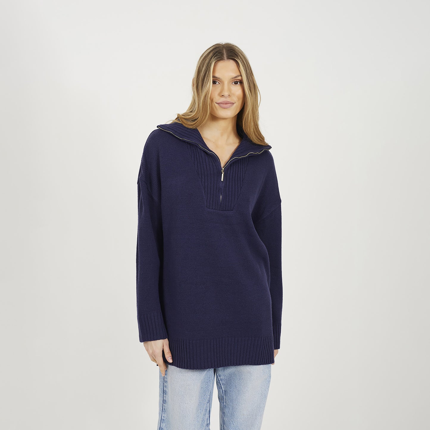 Brave Soul Navy Oversized 1/2 Zip Knitted Jumper - Navy Image 1