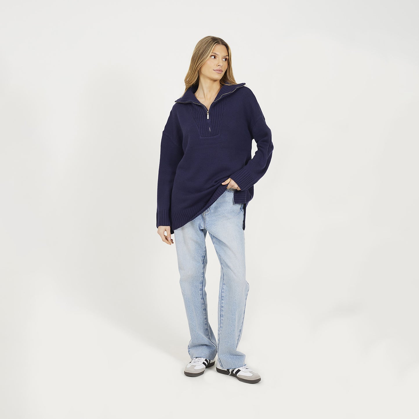 Brave Soul Navy Oversized 1/2 Zip Knitted Jumper - Navy Image 3