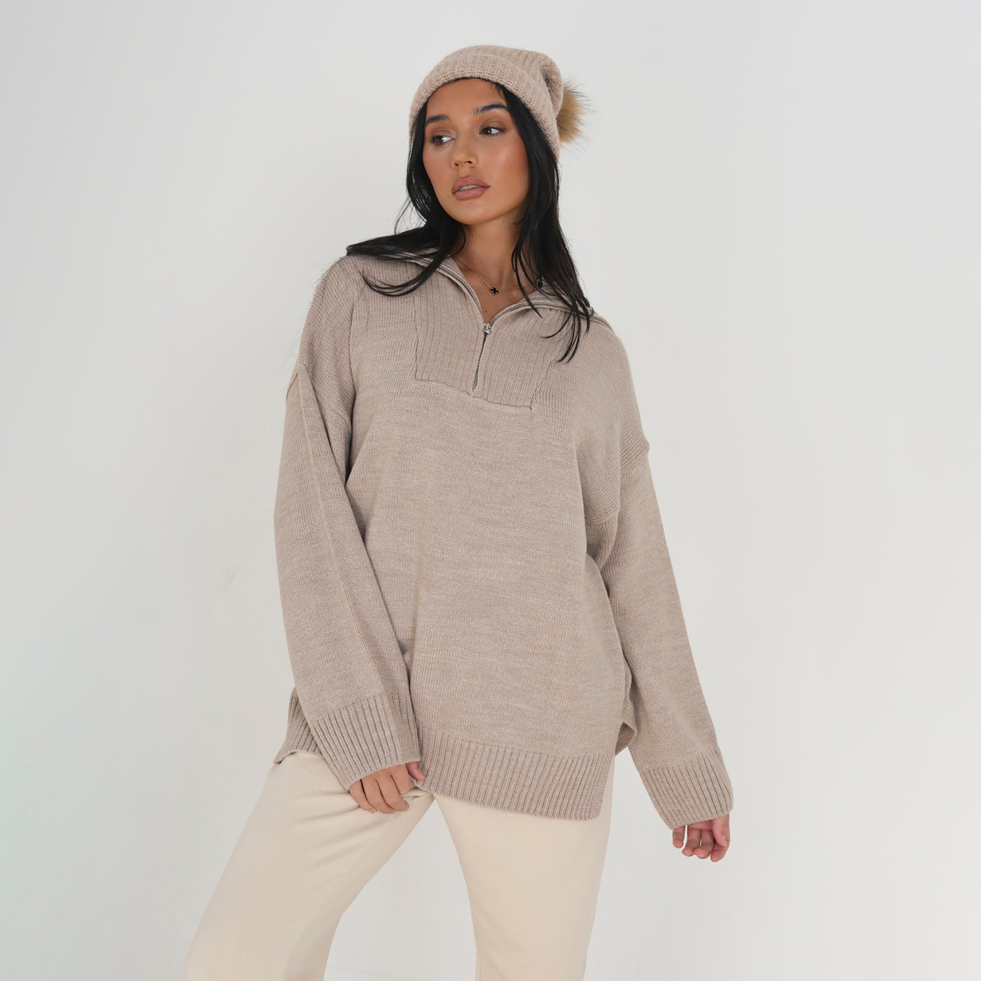Brave Soul Stone Oversized 1/2 Zip Knitted Jumper - Stone Image 4