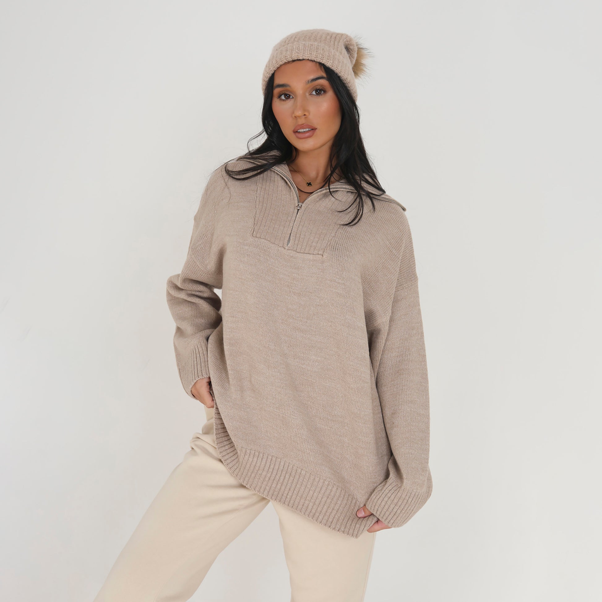 Brave Soul Stone Oversized 1/2 Zip Knitted Jumper - Stone Image 1