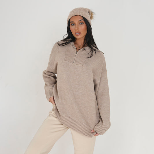 Brave Soul Stone Oversized 1/2 Zip Knitted Jumper - Stone Image 1