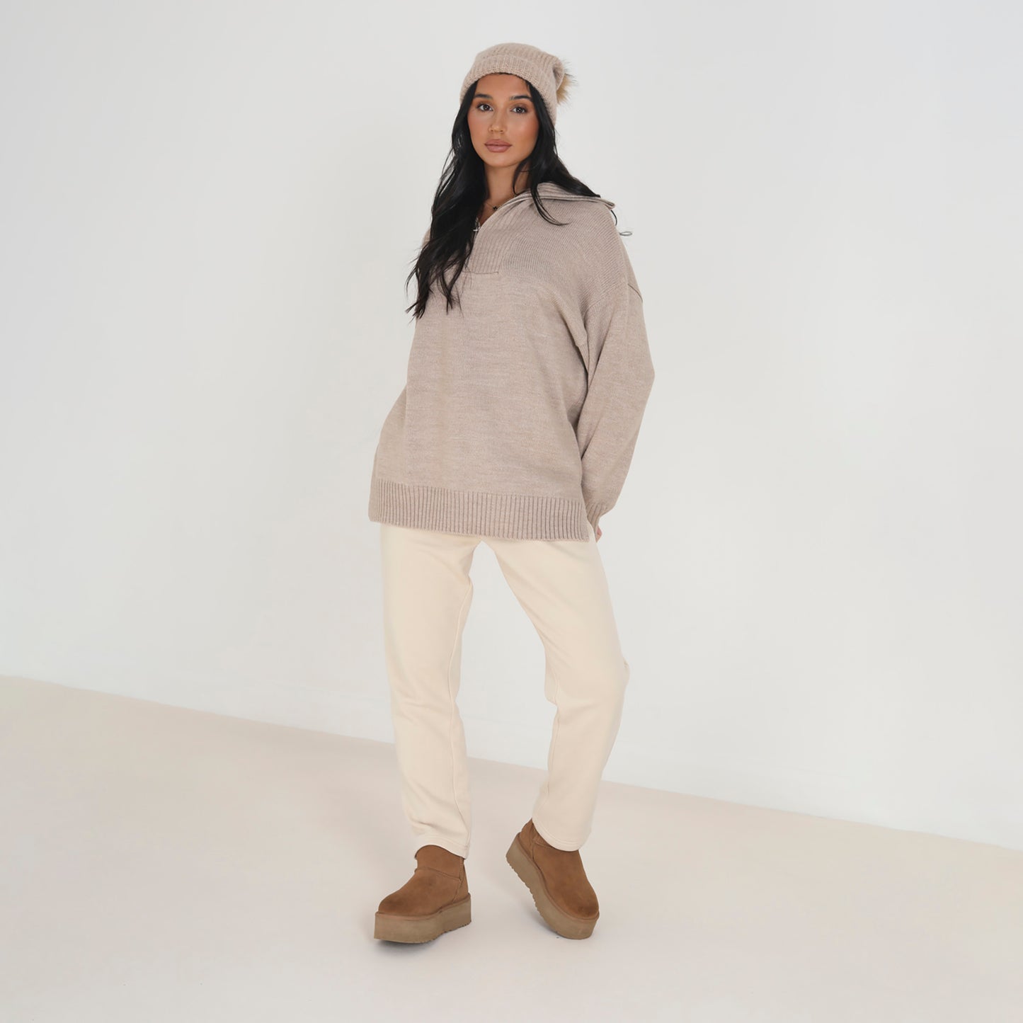 Brave Soul Stone Oversized 1/2 Zip Knitted Jumper - Stone Image 3