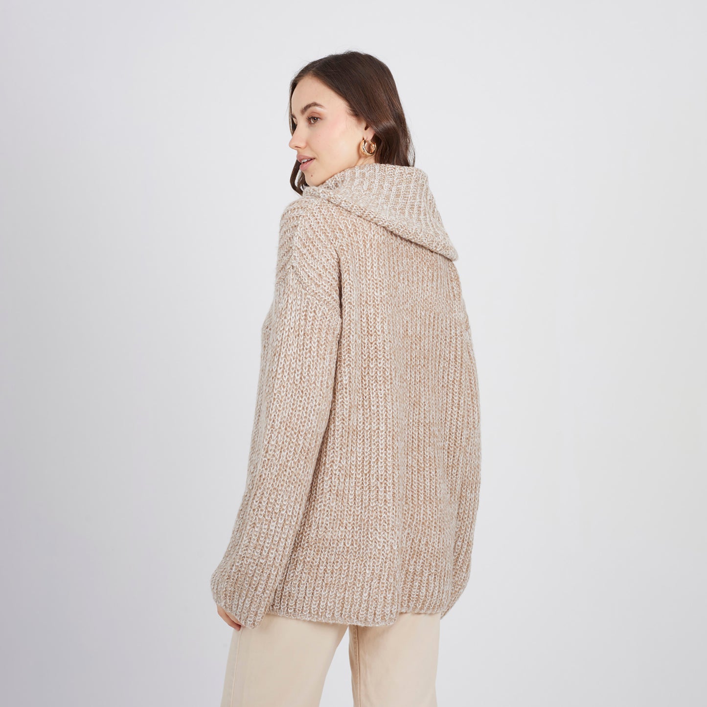 Brave Soul Stone Oversized Fisherman Knit Roll Neck Jumper - Stone Image 2