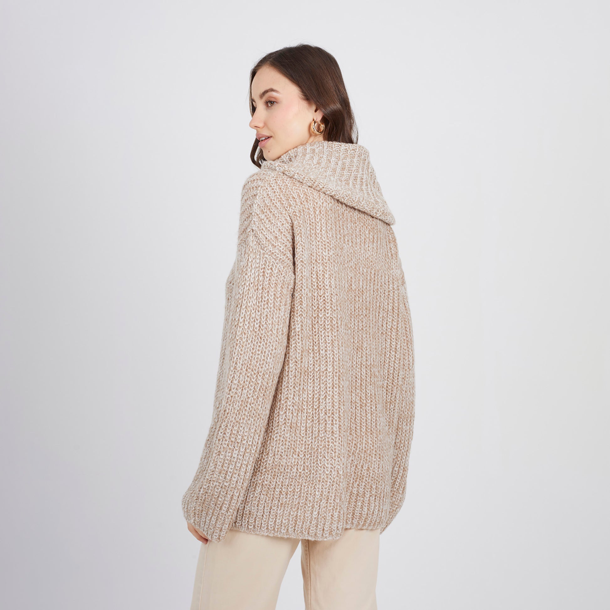 Brave Soul Stone Oversized Fisherman Knit Roll Neck Jumper - Stone Image 2