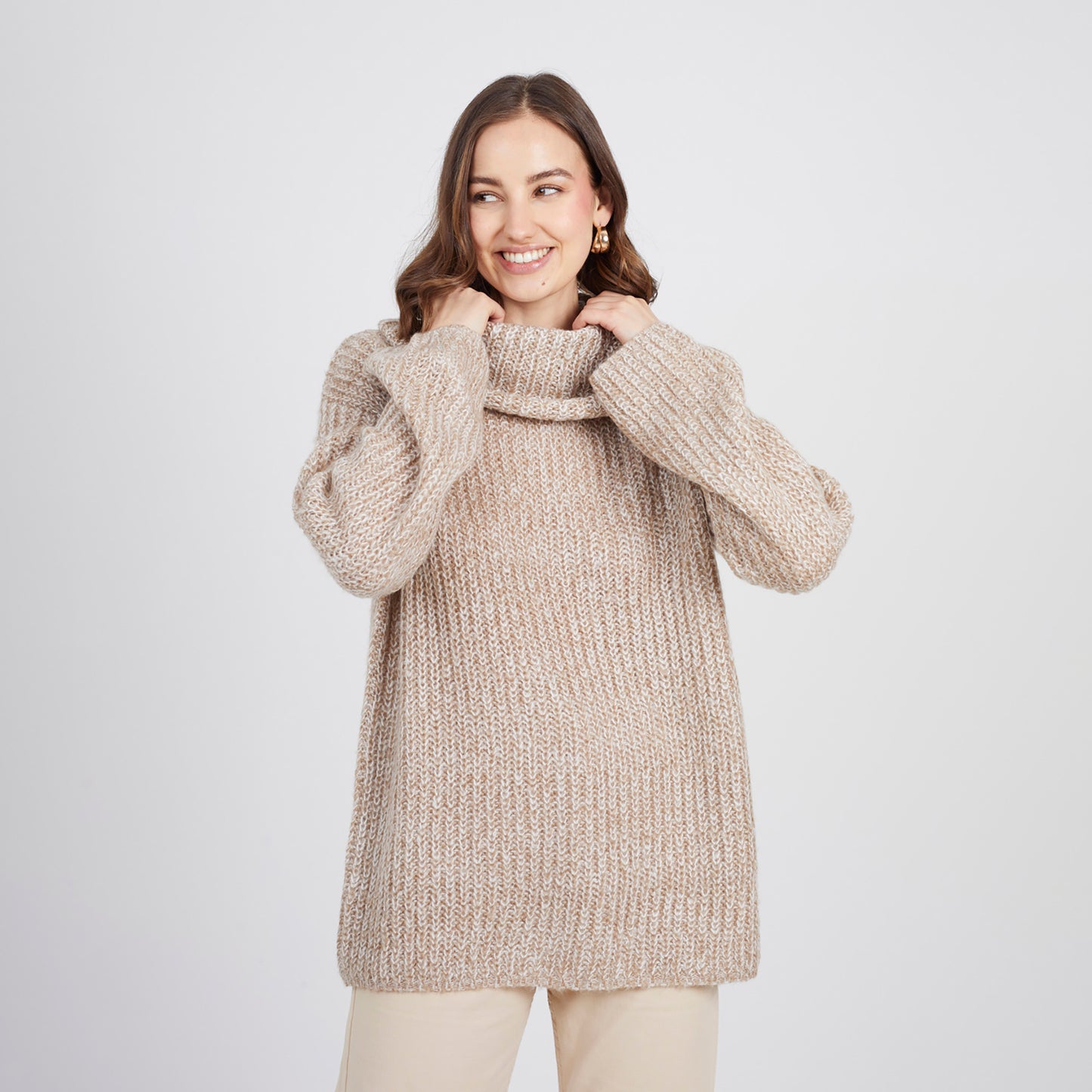 Brave Soul Stone Oversized Fisherman Knit Roll Neck Jumper - Stone Image 1