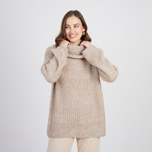 Brave Soul Stone Oversized Fisherman Knit Roll Neck Jumper - Stone Image 1