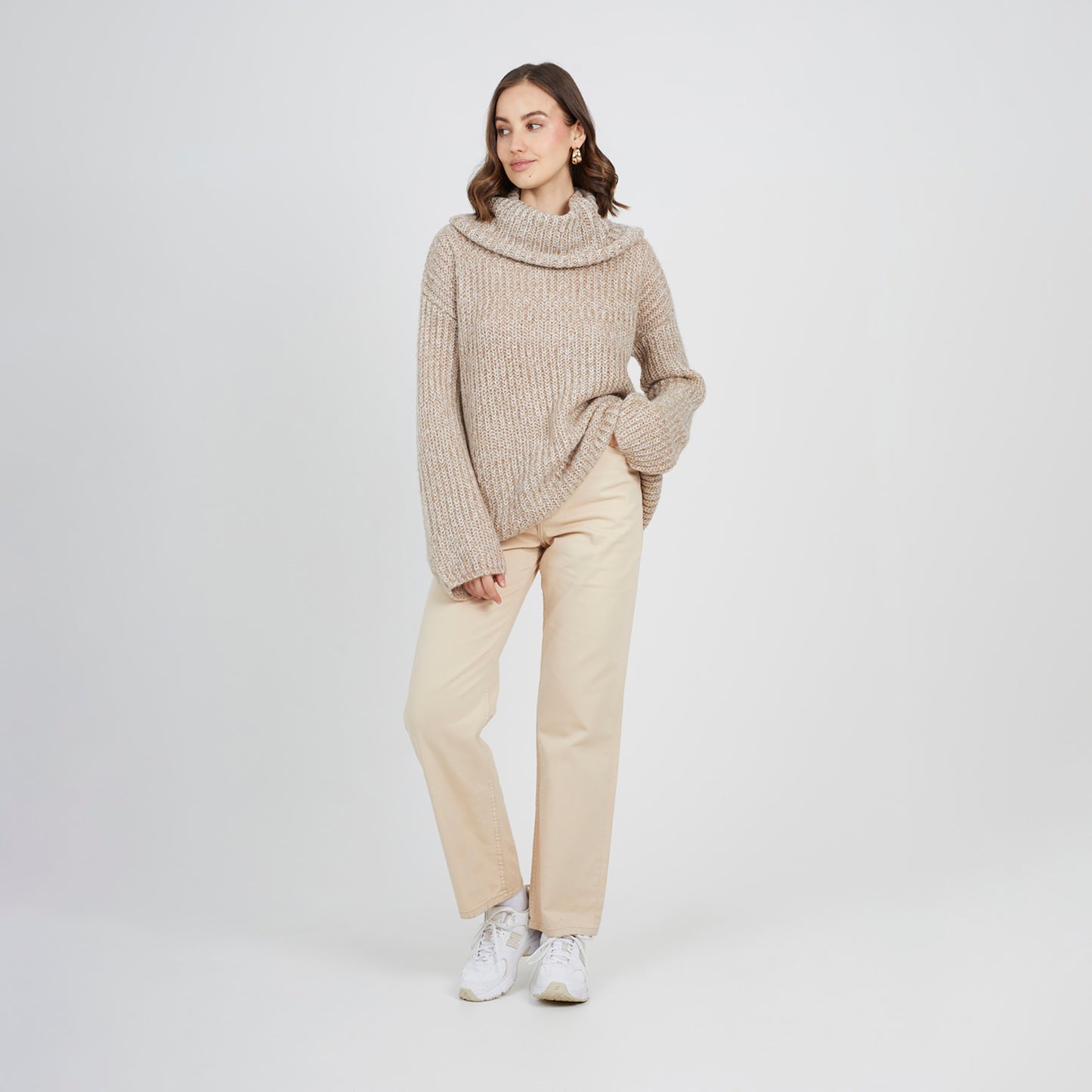 Brave Soul Stone Oversized Fisherman Knit Roll Neck Jumper - Stone Image 3