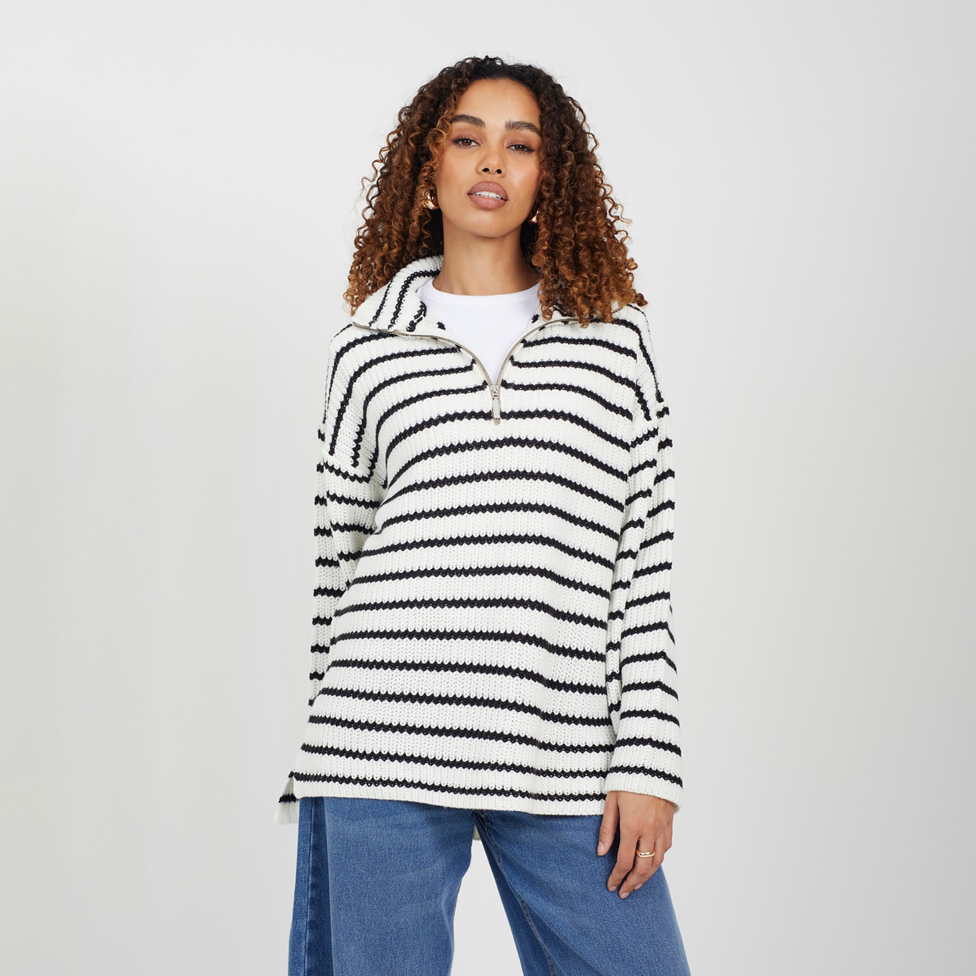Brave Soul Cream Half Zip Striped Fisherman Knit Jumper - Cream Image 1