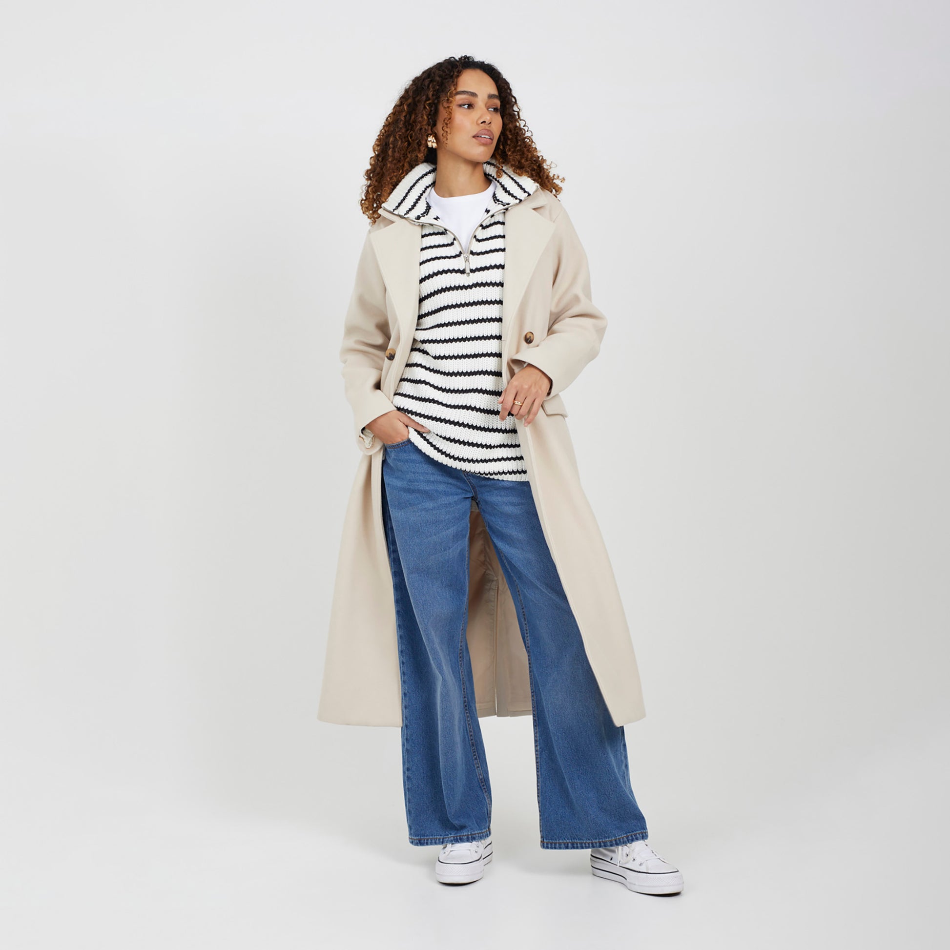 Brave Soul Cream Half Zip Striped Fisherman Knit Jumper - Cream Image 3