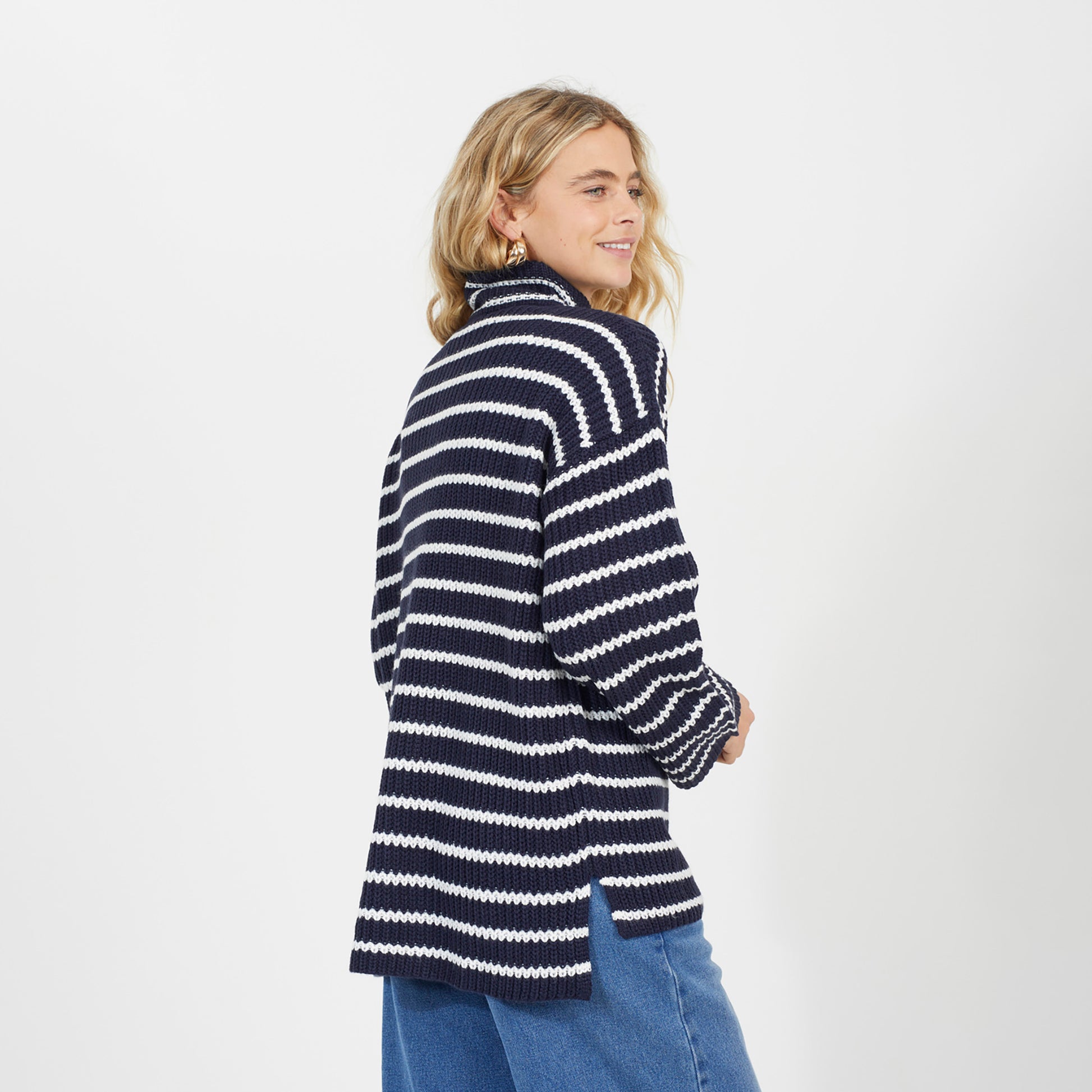 Brave Soul Navy Half Zip Striped Fisherman Knit Jumper - Navy Image 2
