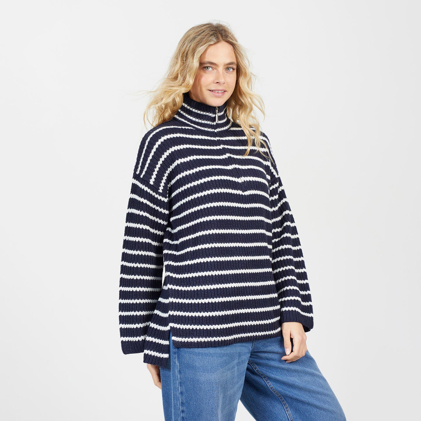 Brave Soul Navy Half Zip Striped Fisherman Knit Jumper - Navy Image 1