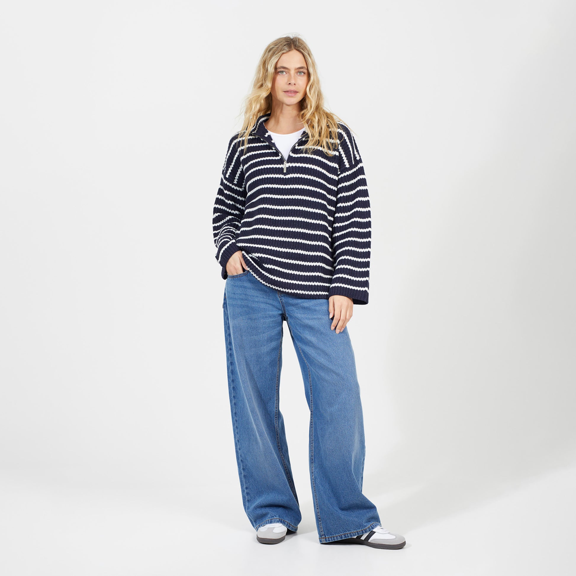 Brave Soul Navy Half Zip Striped Fisherman Knit Jumper - Navy Image 3