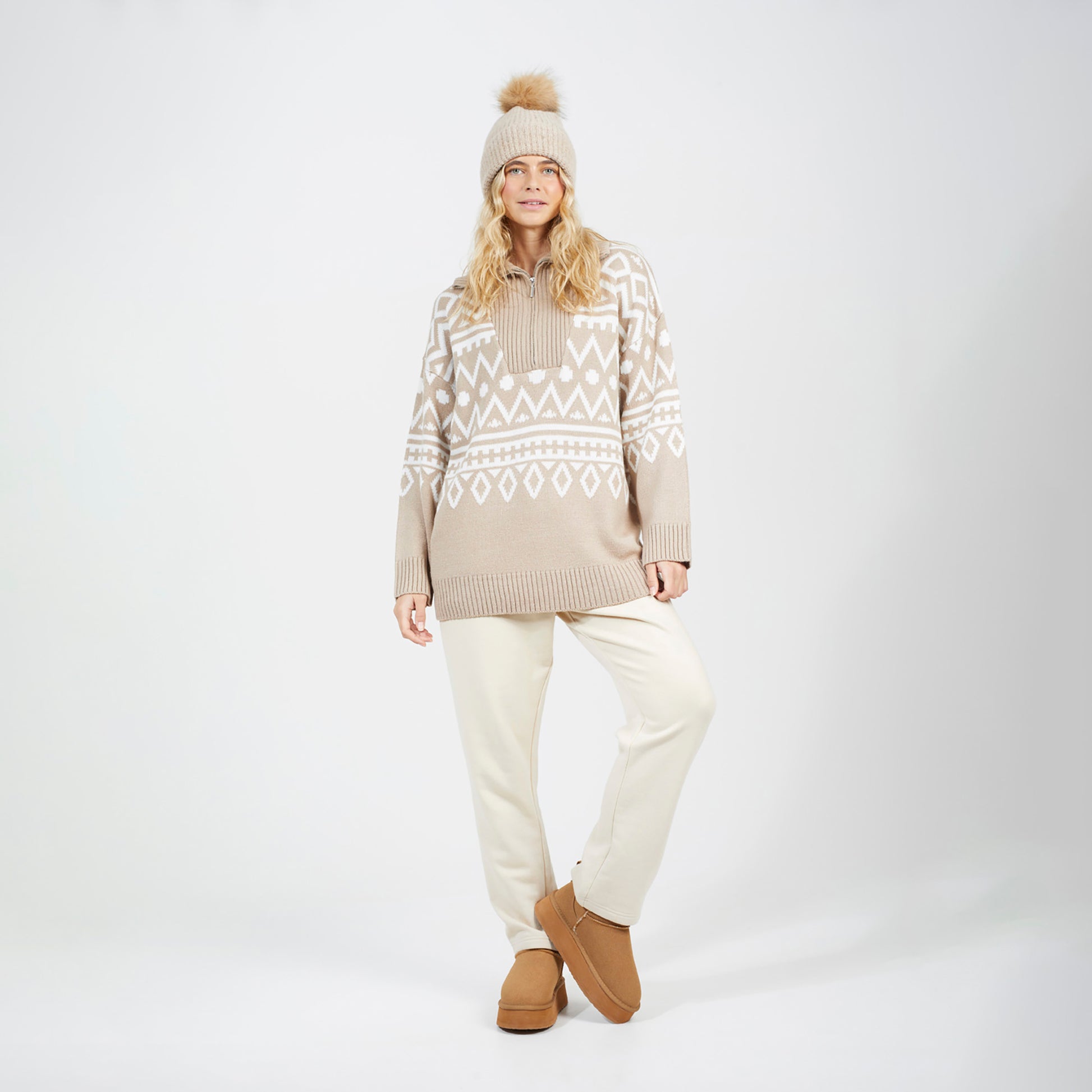 Brave Soul Stone Oversized Zip Neck Knitted Pattern Jumper - Stone Image 3