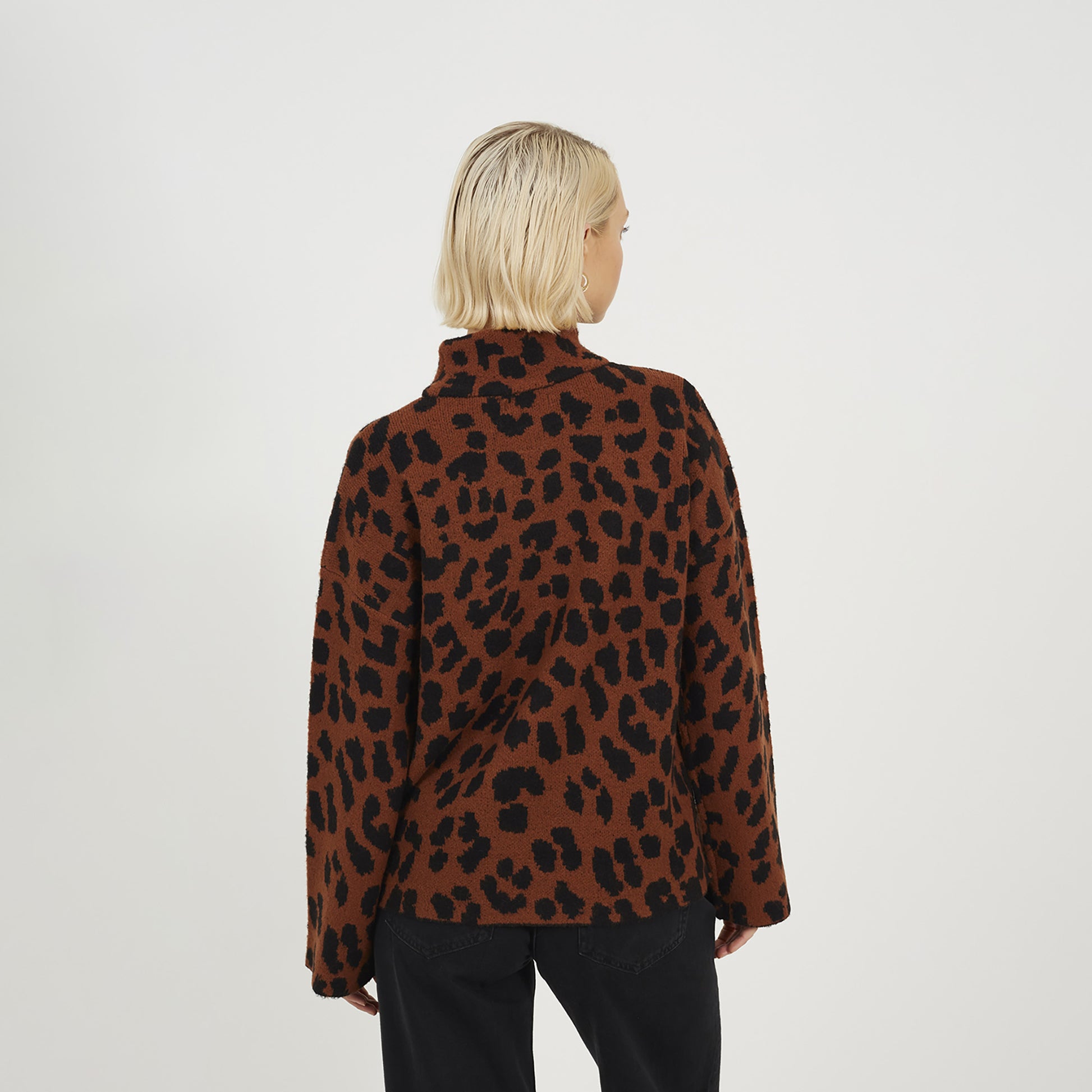 Brave Soul Brown Animal Jacquard Turtle Neck Tunic Jumper - Brown Image 2