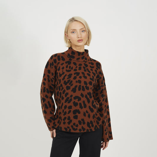 Brave Soul Brown Animal Jacquard Turtle Neck Tunic Jumper - Brown Image 1